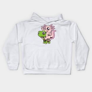 Cartoon - Cute axolotl sitting on turtle Kids Hoodie